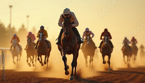 In a high-stakes horse race, the leading horse sprints forward, dust flying, as the scene captures speed and power in warm light.