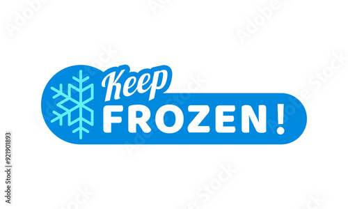 Blue frozen cold product icon. Isolated vector sticker, features snowflake or frost symbol and keep frozen type. Label for refrigerated food production r packages or frosty cold preservation items