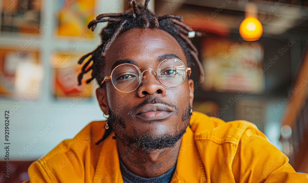 Serene black man with glasses in casual cafe, relaxed mood, stylish look Serene black man with glasses in casual cafe, relaxed mood, stylish look
