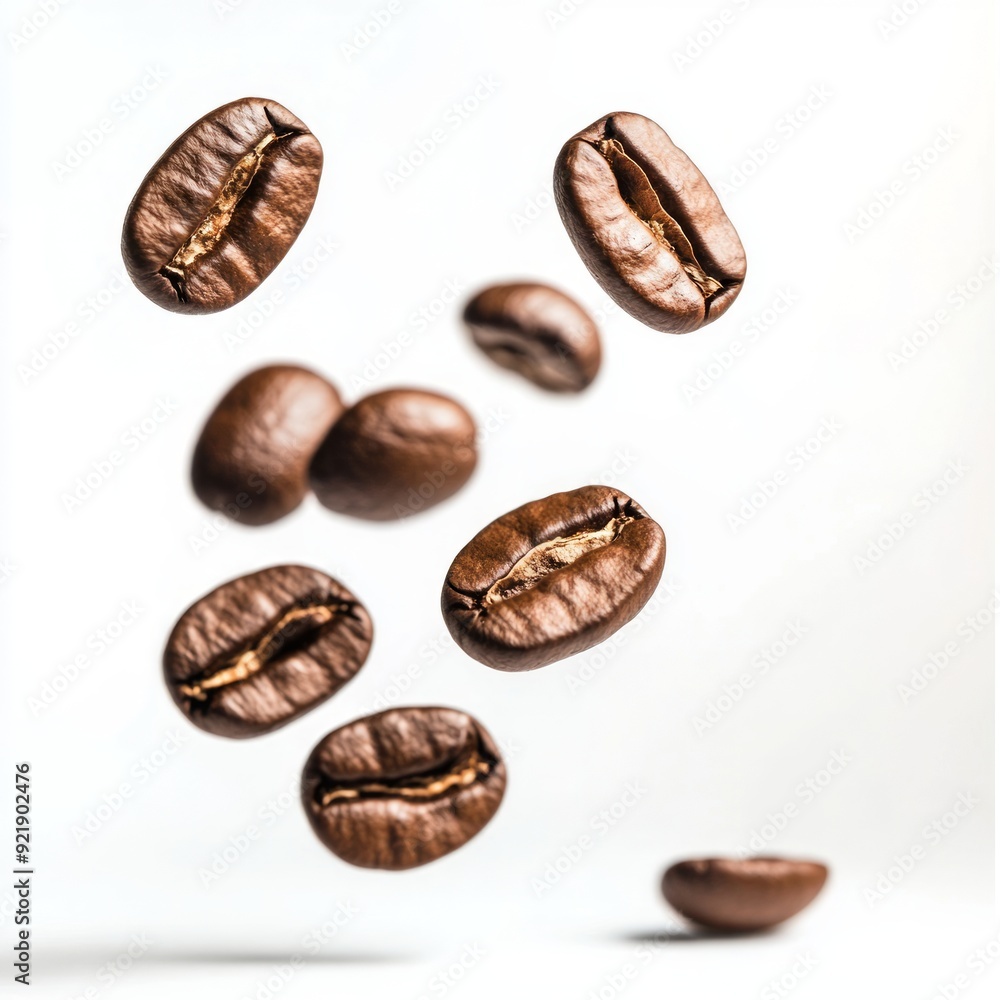 Close up of Coffee beans in the air on an isolated white background Close up of Coffee beans in the air on an isolated white background
