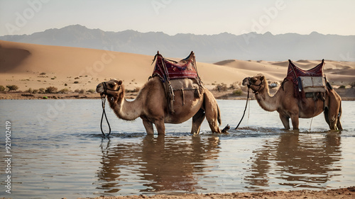Camels walking and bathing in water