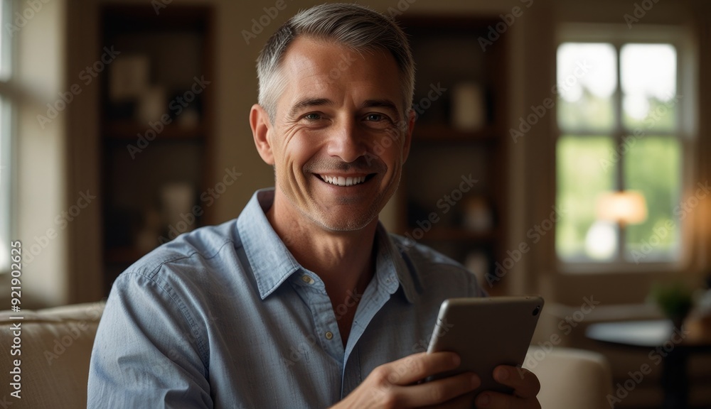 Smiling Man Using Smartphone at Home Smiling Man Using Smartphone at Home