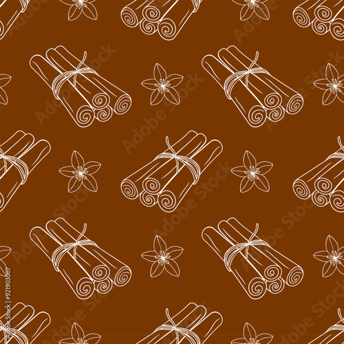 Pattern with cinnamon sticks and vanilla flower white contour drawing on brown background