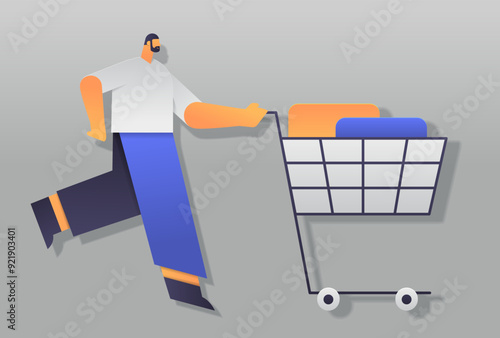 Man pushing shopping cart paper cut style illustration. Person with beard wearing white shirt blue pants pushing cart with items grey background