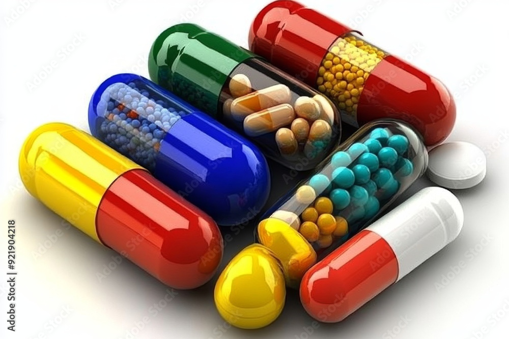 Bold and bright capsule pills arranged artistically reflecting the fusion of art and medicine in pharmaceutical design Bold and bright capsule pills arranged artistically reflecting the fusion of art and medicine in pharmaceutical design
