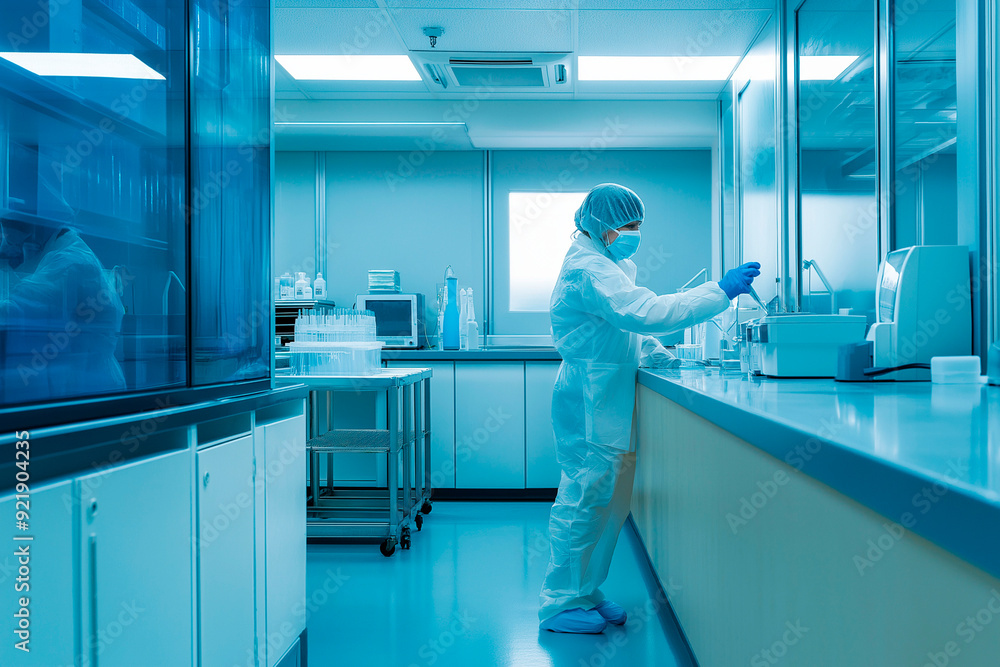 Scientist in protective clothing working in a modern laboratory with blue lighting Scientist in protective clothing working in a modern laboratory with blue lighting