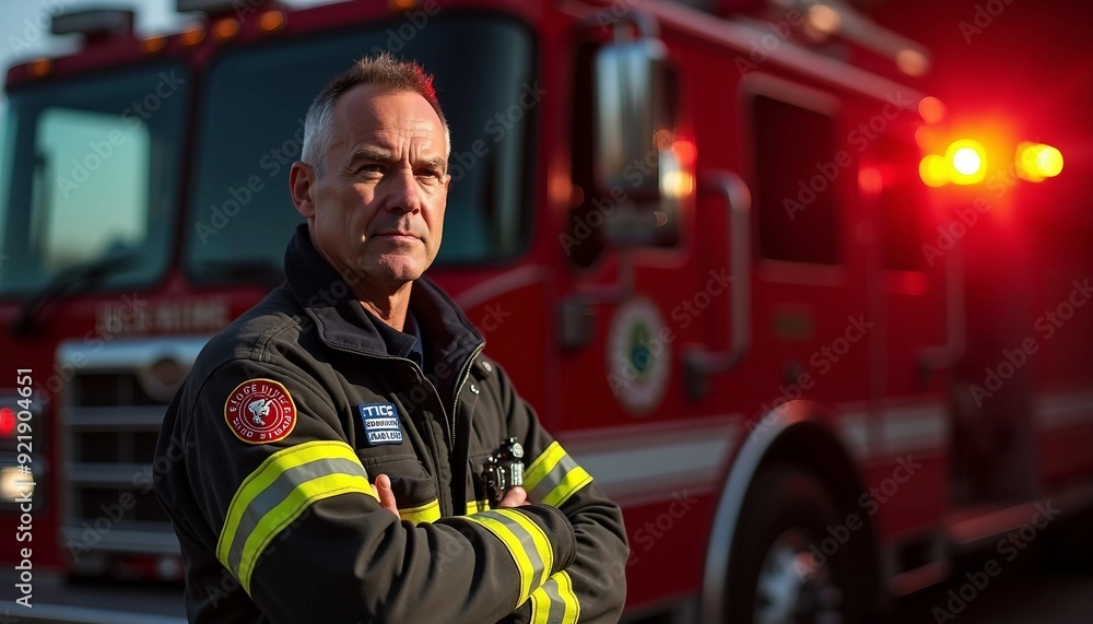 An American firefighter stands proudly next to a fire truck, dramatic light highlighting their determined expression and uniform details. An American firefighter stands proudly next to a fire truck, dramatic light highlighting their determined expression and uniform details.
