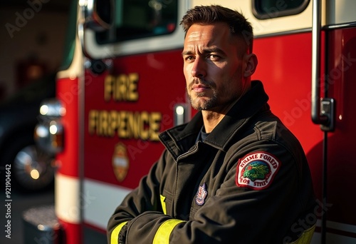 An American firefighter stands proudly next to a fire truck, dramatic light highlighting their determined expression and uniform details.