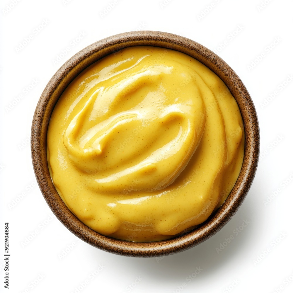 Close up of mustard sauce in the bowl on an isolated white background Close up of mustard sauce in the bowl on an isolated white background