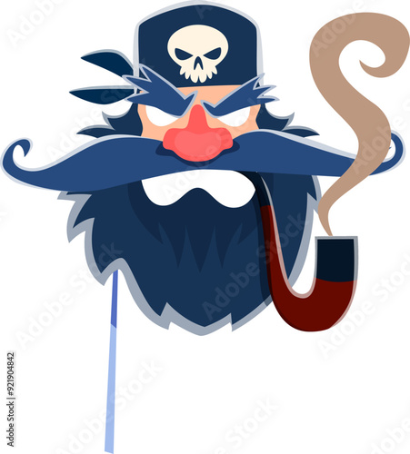 Pirate sailor carnival mask and corsair photo booth costume with cartoon bandana, blue beard and smoking pipe. Pirate party vector mask on stick, head of angry piracy sailor, corsair or filibuster