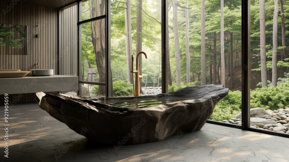 Bathtub made of volcanic black stone material with lava veins in a natural interior, view of luxury modern style bathroom with tropic outdoor on the back Bathtub made of volcanic black stone material with lava veins in a natural interior, view of luxury modern style bathroom with tropic outdoor on the back