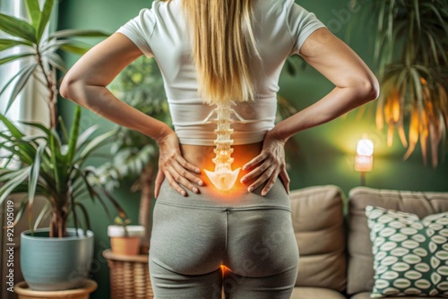  Coccyx pain. adult female with muscle pain on green background. asian woman having back body ache due to Piriformis Syndrome, Low Back Pain