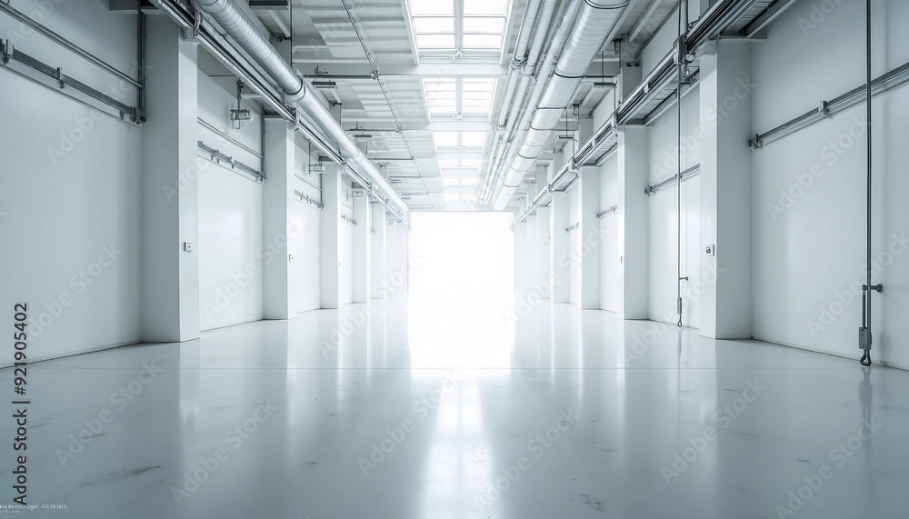 Inside a vast, empty factory, soft white tones and industrial pipes create an airy ambiance, with light reflecting off the shiny floor. Inside a vast, empty factory, soft white tones and industrial pipes create an airy ambiance, with light reflecting off the shiny floor.
