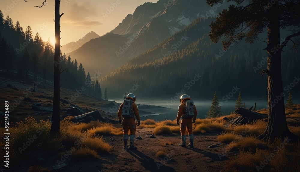 Obraz premium Explorers in a Distant Landscape