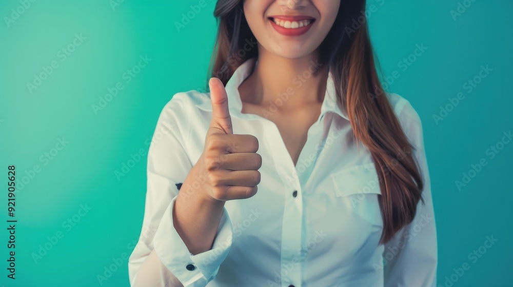 Vibrant teal banner with a smooth matte finish, featuring a businesswoman in a white blouse giving a confident thumbs up. Vibrant teal banner with a smooth matte finish, featuring a businesswoman in a white blouse giving a confident thumbs up.