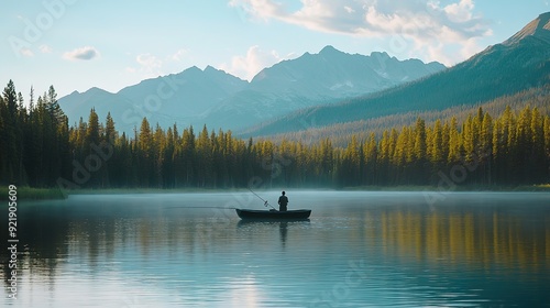 Fishing on a Remote Lake Near Mountains: Tranquil Escape from Civilization in a Natural Setting