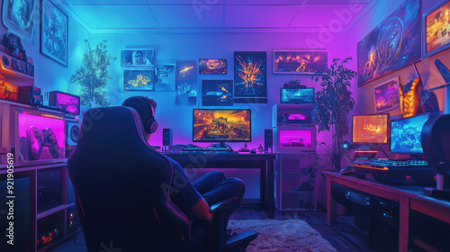 Gamer in a neon-colored room