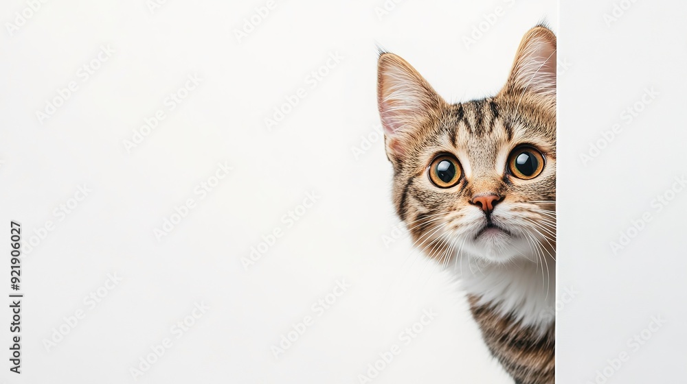 A curious cat peeks out from around the corner on a white background. Advertising banner mockup for a pet store or veterinary clinic. A curious cat peeks out from around the corner on a white background. Advertising banner mockup for a pet store or veterinary clinic.