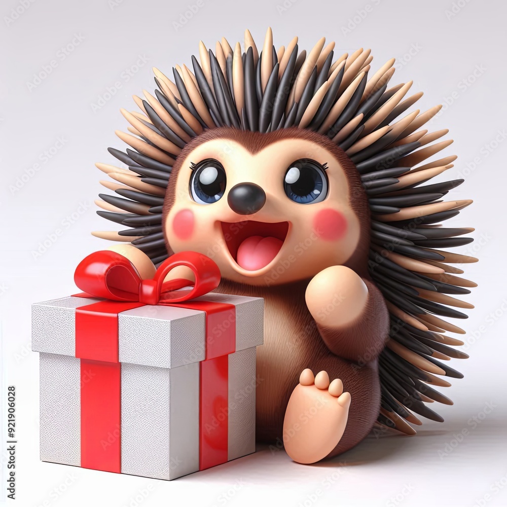 Obraz premium cute Excited echidna with a gift box 3d Generative aI