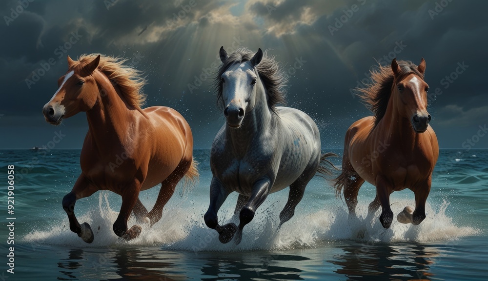 Majestic Horses Running in Ocean Waves Majestic Horses Running in Ocean Waves