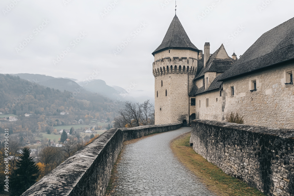 Fototapeta premium Photo of a classic architectural castle with stone walls and a tower overlooking the valley. The photo is taken from an angle on one side of the wall, looking towards another tall building. 
