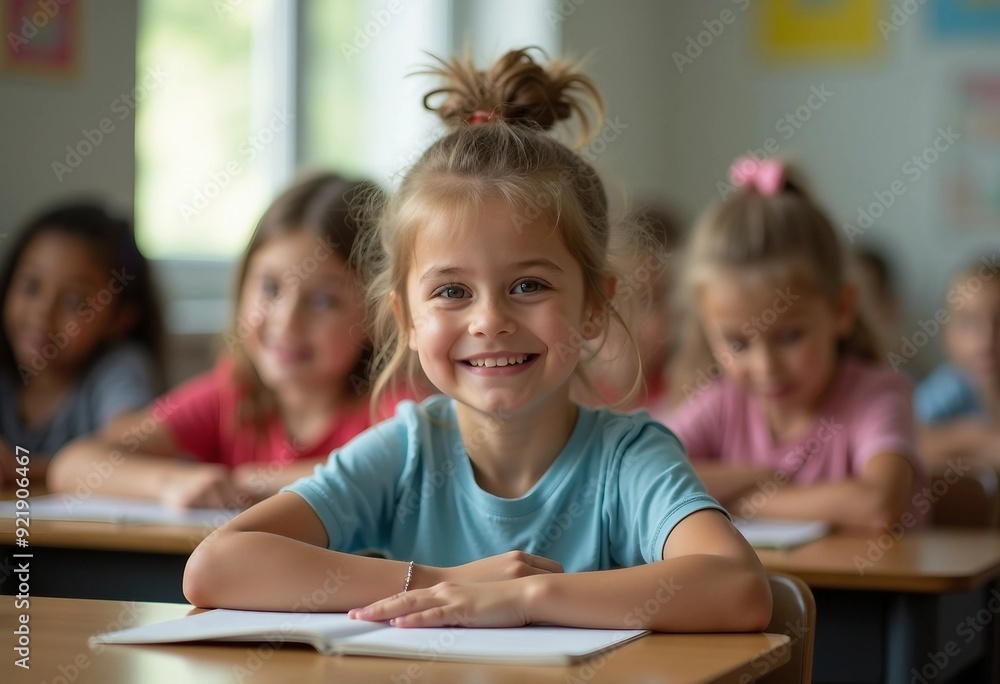 In a bright classroom, an elementary student smiles warmly at their desk, surrounded by engaged classmates in a cozy setting. In a bright classroom, an elementary student smiles warmly at their desk, surrounded by engaged classmates in a cozy setting.