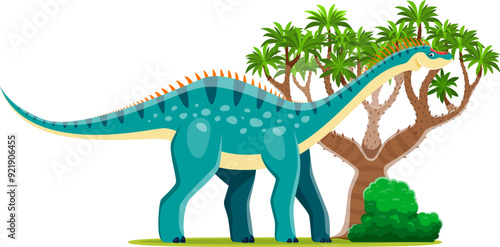 Cartoon dicraeosaurus prehistoric dinosaur character. Isolated vector blue dino animal standing beside trees and bushes in a Jurassic era landscape. Ancient reptile with long neck, tail and spikes