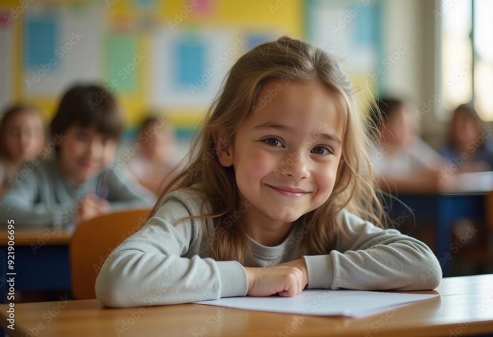 In a bright classroom, an elementary student smiles warmly at their desk, surrounded by engaged classmates in a cozy setting. In a bright classroom, an elementary student smiles warmly at their desk, surrounded by engaged classmates in a cozy setting.