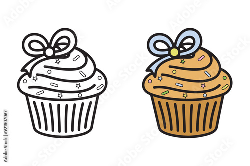 Charming Cupcake Coloring Page with Ribbon for Kids - Delicious Cupcake Coloring Book for Adults and Teens