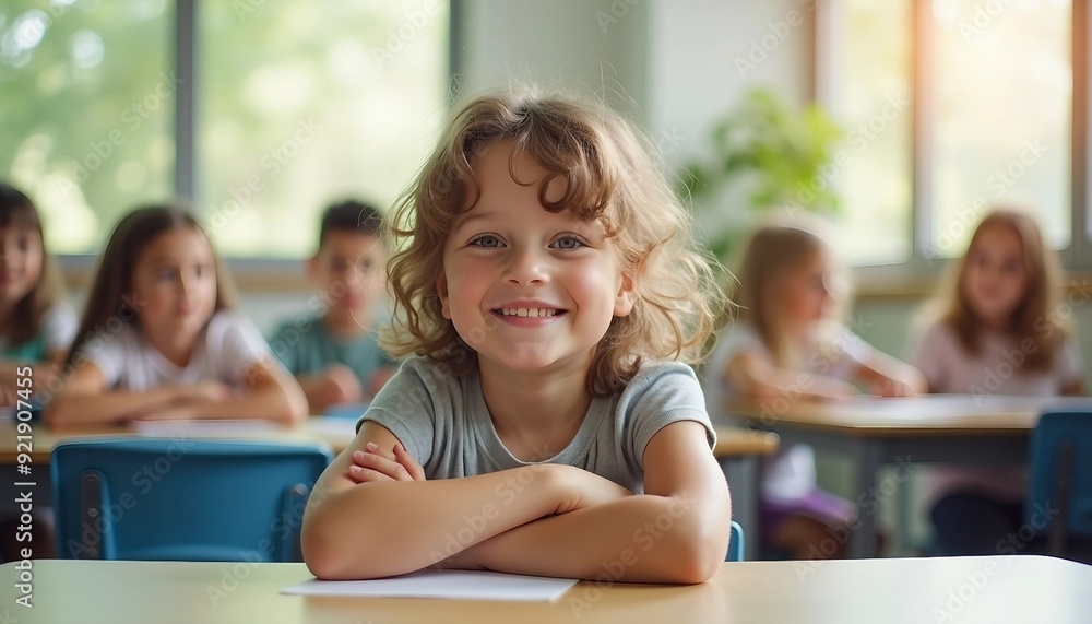In a bright classroom, an elementary student smiles warmly at their desk, surrounded by engaged classmates in a cozy setting. In a bright classroom, an elementary student smiles warmly at their desk, surrounded by engaged classmates in a cozy setting.