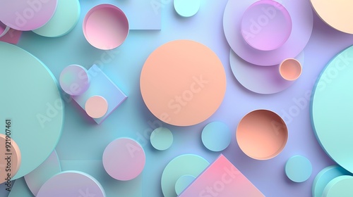 Geometric shapes in pastel shades, overlapping circles, triangles, and squares, soft lavender, mint, and peach colors, smooth transitions, high-definition quality, abstract and modern.