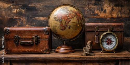 Antique Travel Items on Wooden Table Evoking Wanderlust