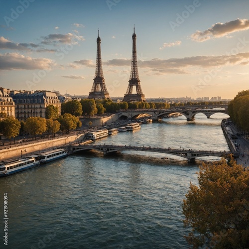 Eiffel Tower, Paris: The iconic Eiffel Tower shimmering in the evening light, with the Seine River and Parisian skyline in the background.