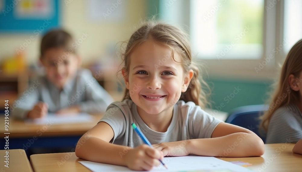 In a bright classroom, an elementary student smiles warmly at their desk, surrounded by engaged classmates in a cozy setting. In a bright classroom, an elementary student smiles warmly at their desk, surrounded by engaged classmates in a cozy setting.
