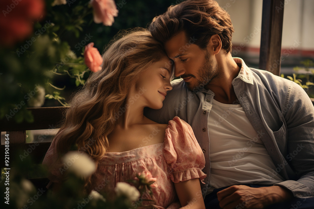 Fototapeta premium Joyful couple embracing and kissing generative AI image
