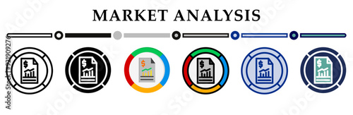Market analysis icon collection. 6 Various style icons. For sign, symbol, element, presentation, infographic or web graphics. Vector Illustration.