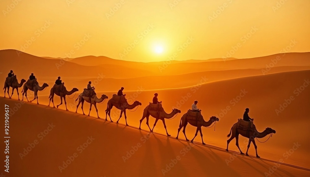 Herds of camels moving symmetrically across the desert dunes at sunset. Herds of camels moving symmetrically across the desert dunes at sunset.