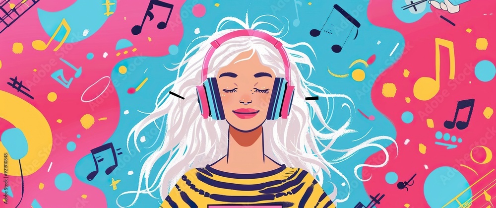 White haired girl with headphones, flat style, illustration style, Memphis, lots of musical elements in the background,generative ai White haired girl with headphones, flat style, illustration style, Memphis, lots of musical elements in the background,generative ai