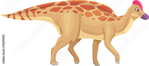Amurosaurus prehistoric dinosaur. Isolated cartoon vector friendly dino featuring beige body with orange spots, pink crest on its head and purple snout. Bipedal herbivorous ancient reptile creature