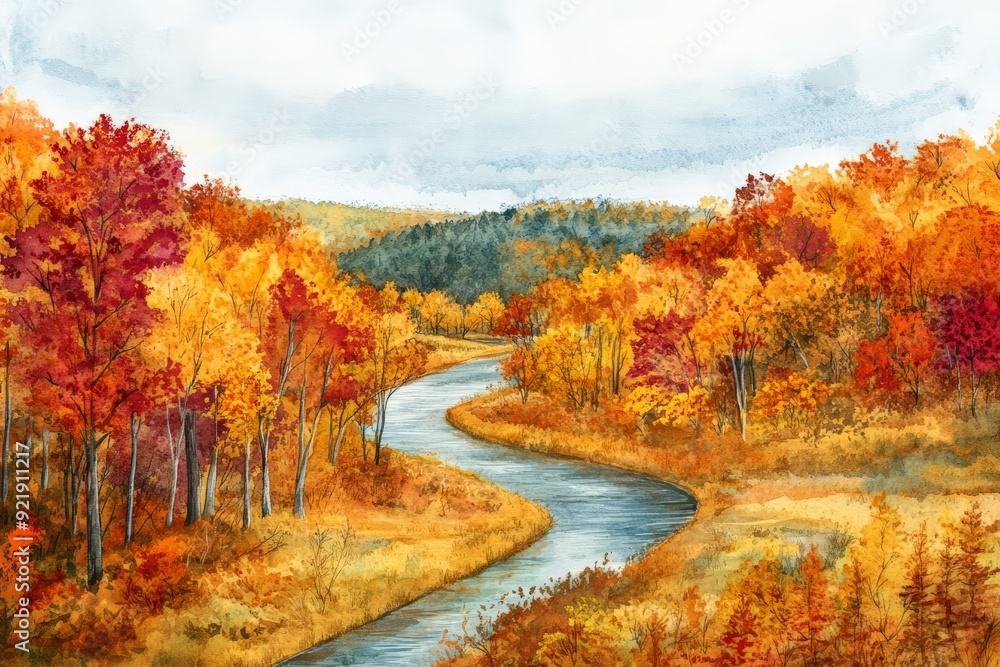A serene autumn landscape with a winding river surrounded by colorful trees showcasing vibrant fall foliage under a cloudy sky. A serene autumn landscape with a winding river surrounded by colorful trees showcasing vibrant fall foliage under a cloudy sky.