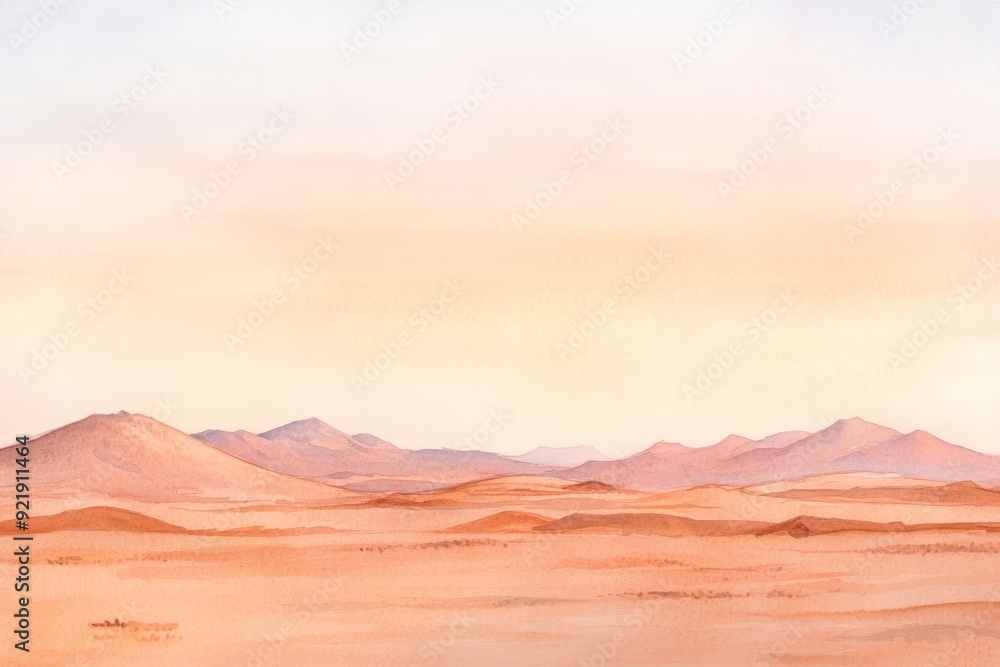 Naklejka premium A serene desert landscape with sand dunes and distant mountains under a soft, pastel sky. Perfect for backgrounds or nature-themed projects.