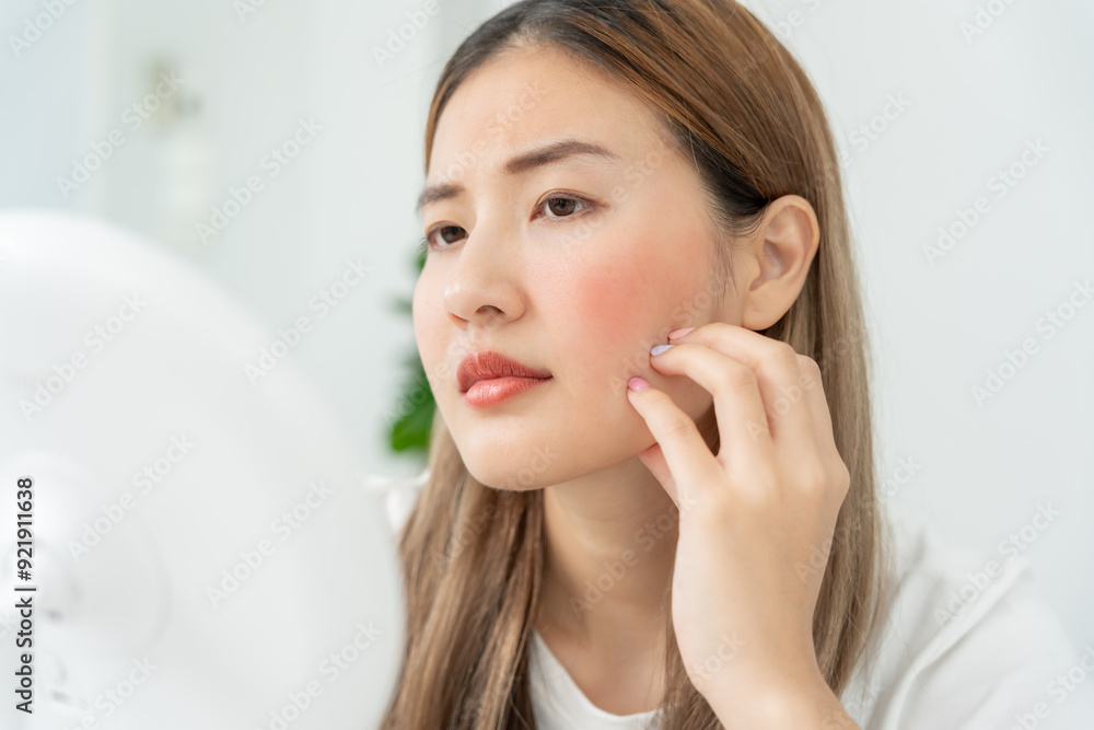 Young woman are worried about faces Dermatology and allergic to steroids in cosmetics. sensitive skin, red face from sunburn, acne, allergic to chemicals, rash on face. skin problems and beauty Young woman are worried about faces Dermatology and allergic to steroids in cosmetics. sensitive skin, red face from sunburn, acne, allergic to chemicals, rash on face. skin problems and beauty