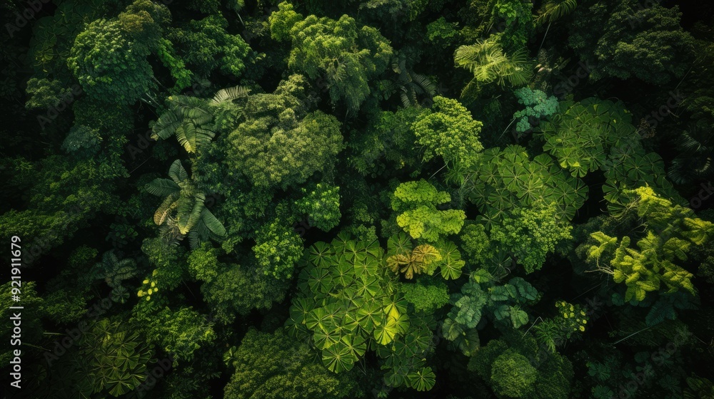 Aerial capture by drone of a breathtaking rainforest, featuring dense foliage, vibrant green trees, and a clear view of the natural landscape,generative ai