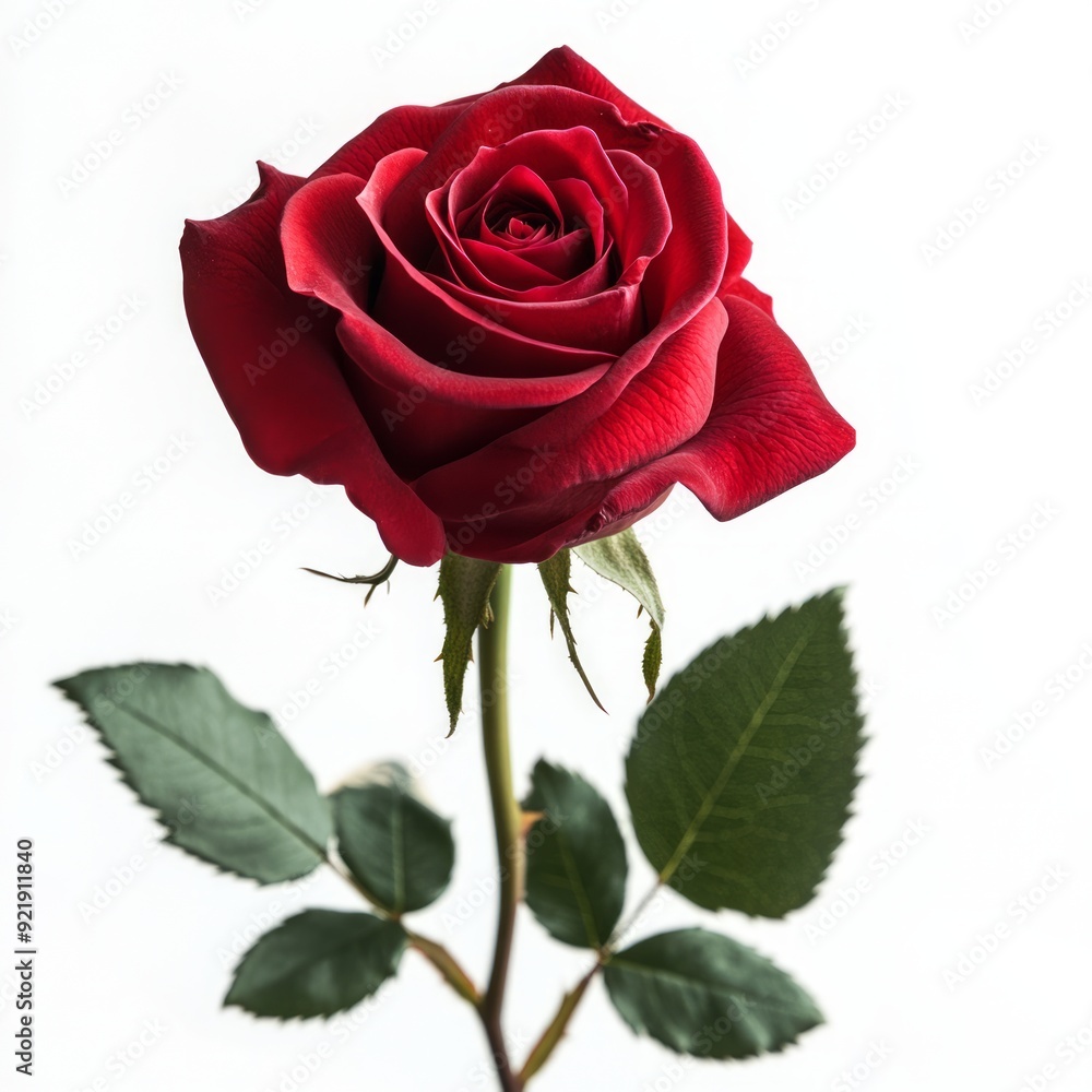 Fototapeta premium Close up of Beautiful red rose flowers with leaves on an isolated white background