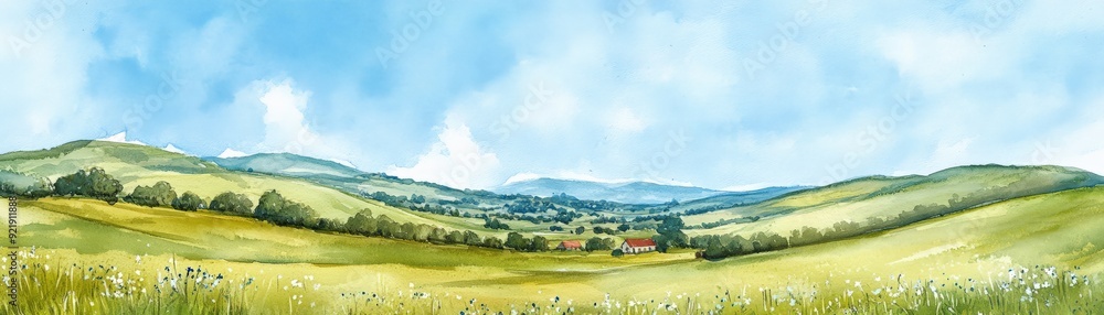 A serene landscape with rolling hills, green fields, and a distant village under a blue sky. Perfect for nature and countryside themes. A serene landscape with rolling hills, green fields, and a distant village under a blue sky. Perfect for nature and countryside themes.