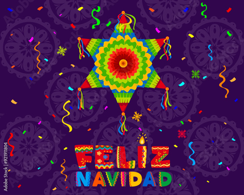 Hispanic Christmas feliz navidad posada banner with pinata, falling confetti, traditional Mexican pattern and festive colorful typography. Cartoon vector greeting card, capturing joy of holiday season