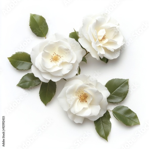 Close up of Beautiful White rose flowers with leaves on an isolated white background 