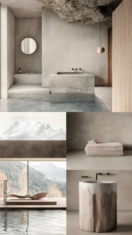 Fototapeta premium interior design moodboard for inspiration, natural materials, grey color tones