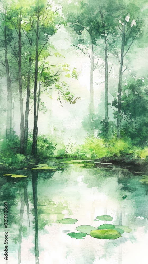 Obraz premium A serene watercolor painting of a lush forest by a tranquil pond with lily pads, perfect for nature-themed projects.