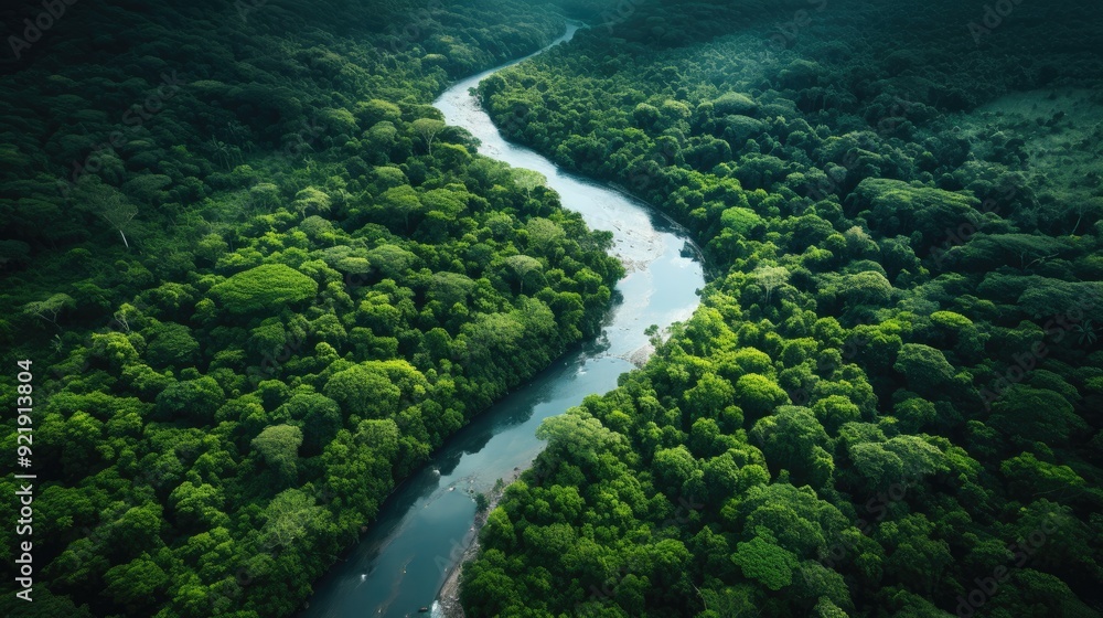 Drone view of a breathtaking rainforest, capturing the lush greenery and winding river below, showcasing the beauty of nature from above,generative ai Drone view of a breathtaking rainforest, capturing the lush greenery and winding river below, showcasing the beauty of nature from above,generative ai